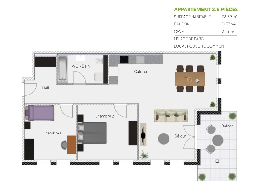 Plan 3.5 pièces / 2ème
